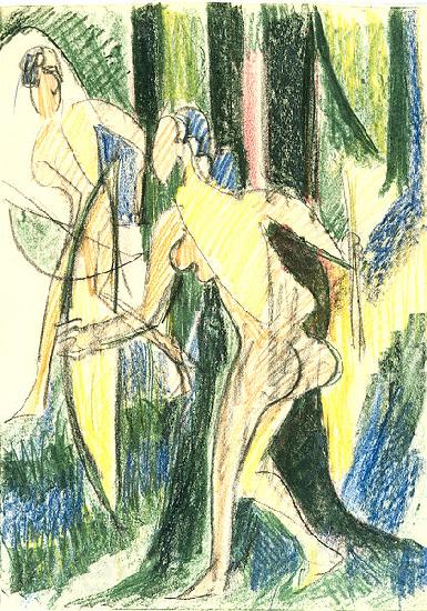 Ernst Ludwig Kirchner Arching girls in the wood - Crayons and pencil Germany oil painting art